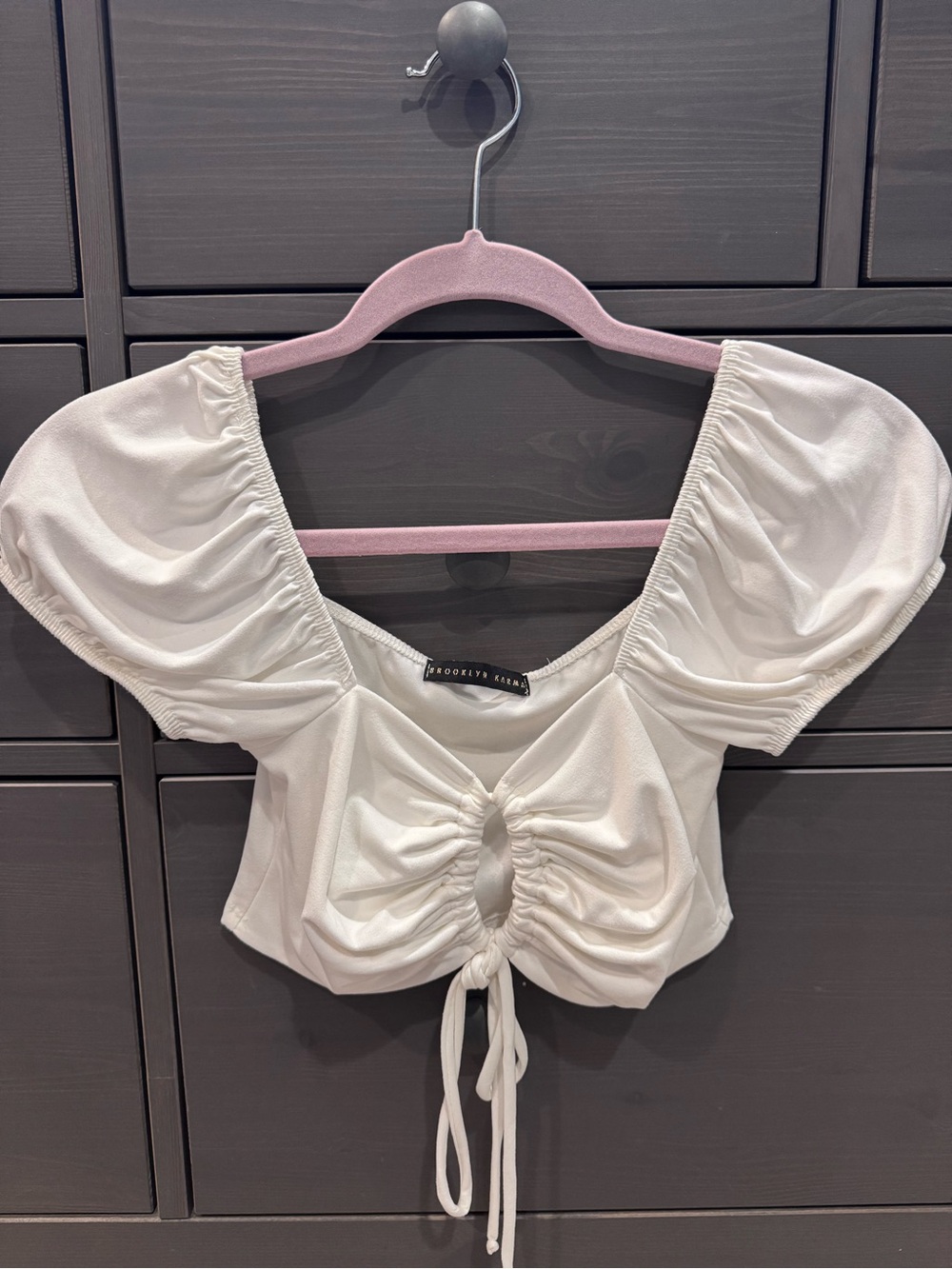 Brooklyn Karma White Ruched Tie-Front Puff Sleeve Crop Top